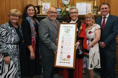 South Tyneside Council Leader, Councillor Tracey Dixon, Ray’s wife Trish Whale, Ray Spencer MBE, The Mayor Cllr Pat Hay, Mayoress Jean Copp and South Tyneside Council Chief Executive Jonathan Tew.