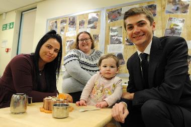 Jess McLaughlin is pictured with daughter Hallie with nursery manager Carole Greener and Cllr Adam Ellison