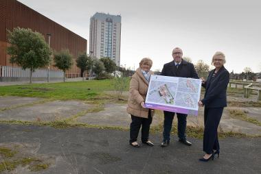  Pictured on the site of the proposed new development in Hebburn are Council Leader Tracey Dixon, Lea Smith from Karbon Homes and Cllr Anne Hetherington