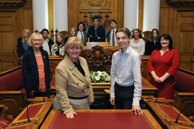 The Leader, Cllr Tracey Dixon, is pictured with Luke Hall from the Young People’s Parliament with Cllrs Hetherington and Best at the debate