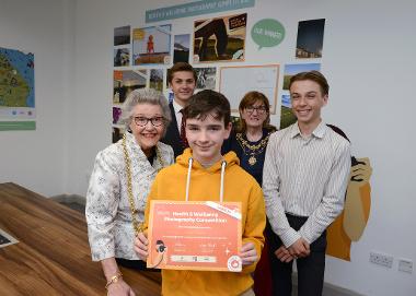 Caption: Competition winner, Harry Thompson, is pictured with the Mayor and Mayoress Cllr Pat Hay and Jean Copp, Cllr Adam Ellison and MYP Luke Hall. 