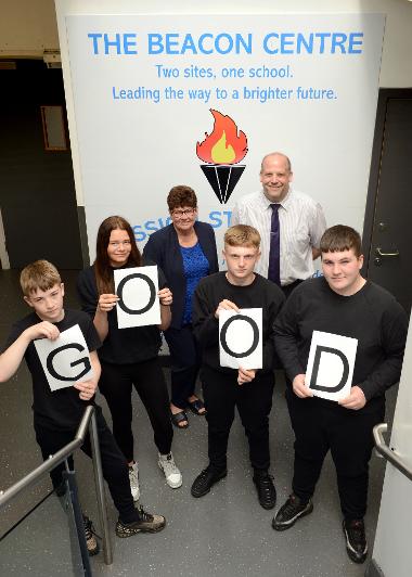 Headteacher Dominick Gray, with Lead Member Cllr Jane Carter celebrate the Good result with students.