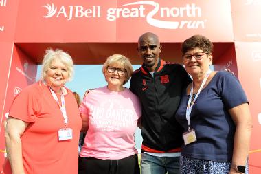 Caption: Sir Mo Farah is pictured with (LtR) South Tyneside Council Deputy Leader, Cllr Audrey Huntley, Leader Cllr Tracey Dixon and Lead Member for Education and Skills Cllr Jane Carter, at the start of the Fit for the Finish run.