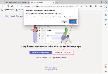 Teams guidance - open Teams in web browser