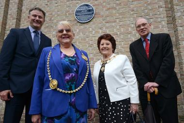 The Mayor and Mayoress of South Tyneside unveil the Blue Plaque alongside Andrew Watts of Groundwork, and Eric Cambridge, Chair of the Friends of the World of Bede.