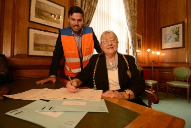 The Mayor of South Tyneside Cllr Fay Cunningham with Royal Mail's Paul Lumley