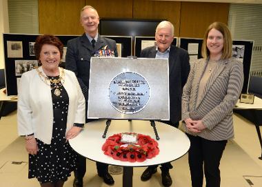 Mayoress of South Tyneside Stella Matthewson is pictured with Squadron Leader Thomas Hendry, of IX (B) Squadron, Dominic Bruce’s eldest son Michael Bruce and Professor Helen Moore, President of Corpus Christi Oxford.