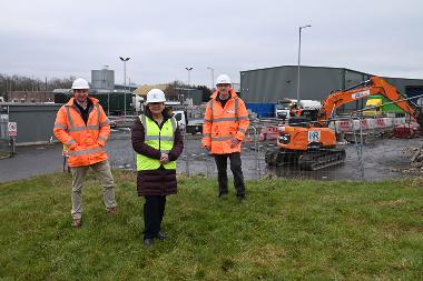  Caption: Councillor Jane Carter is pictured with Robert Hall and Gary Gardiner of Hall Construction at Middlefields Depot, South Shields.